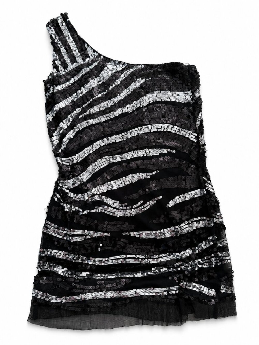 Black Silver Sequin One Shoulder Mini Dress Size M Club Party Cocktail